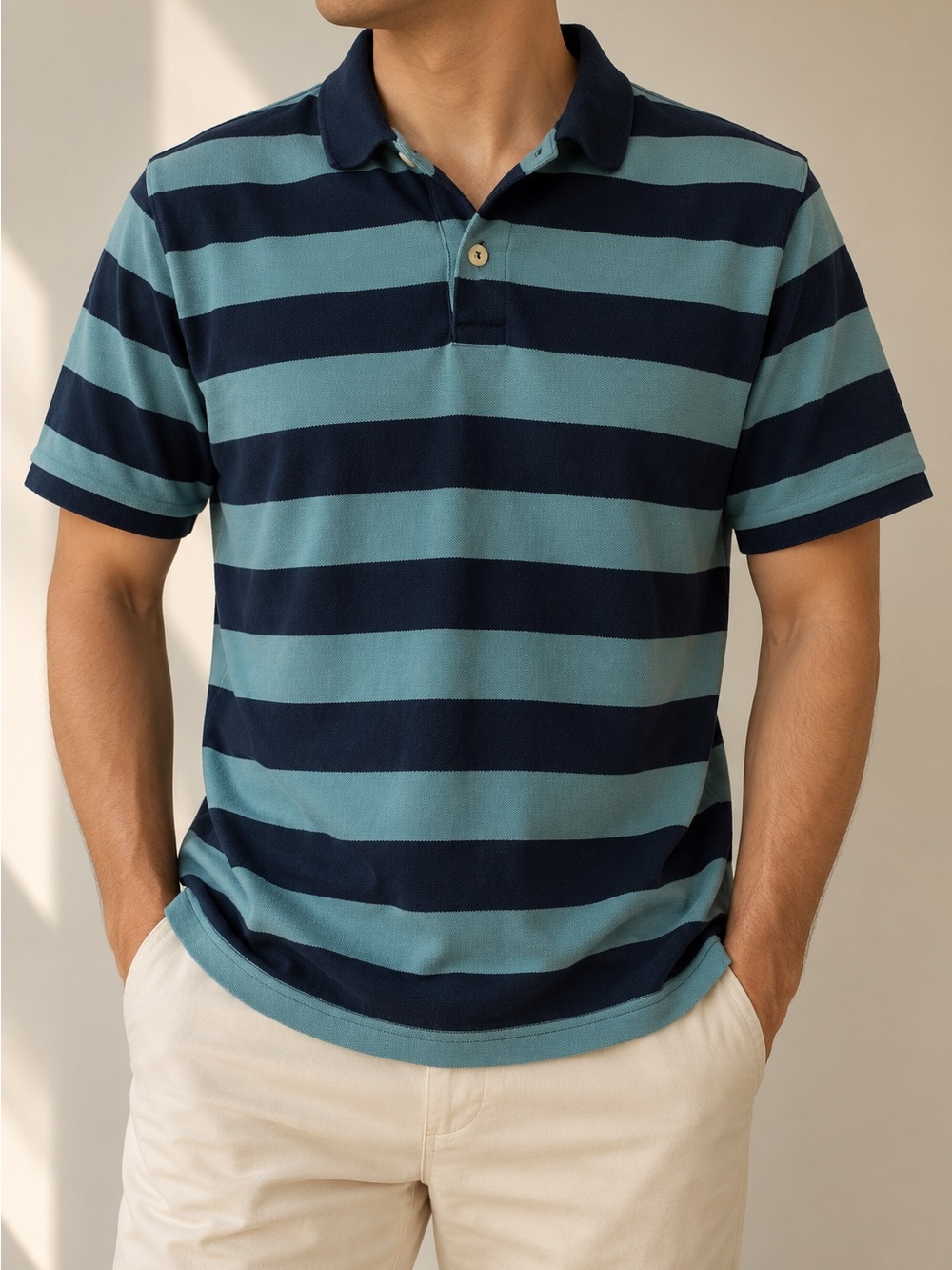 Gap Men’s XL Navy Aqua Blue Striped 100% Cotton Polo Shirt Y2K fall preppy